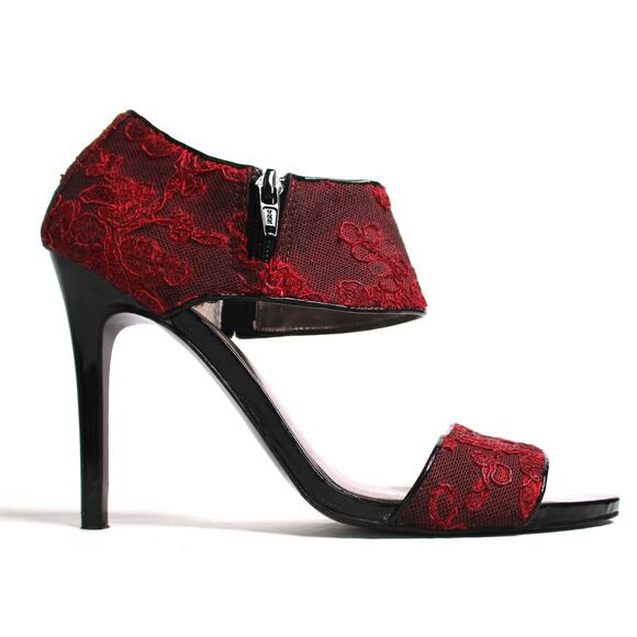 CARLOS SANTANA Red/Black Brocade Fabric Ankle Strap Stiletto Heel Sandals Sz 7 - Picture 5 of 12